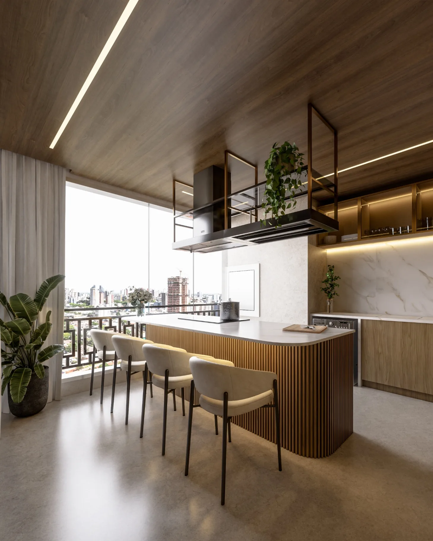Cozinha gourmet do apartamento modelo do Palazzo Milano com vista urbana e ilha central