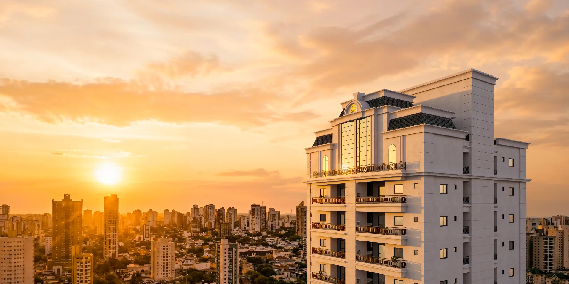 Fachada do Palazzo Milano — vista aérea do coroamento ao pôr do sol, Centro, Cascavel/PR