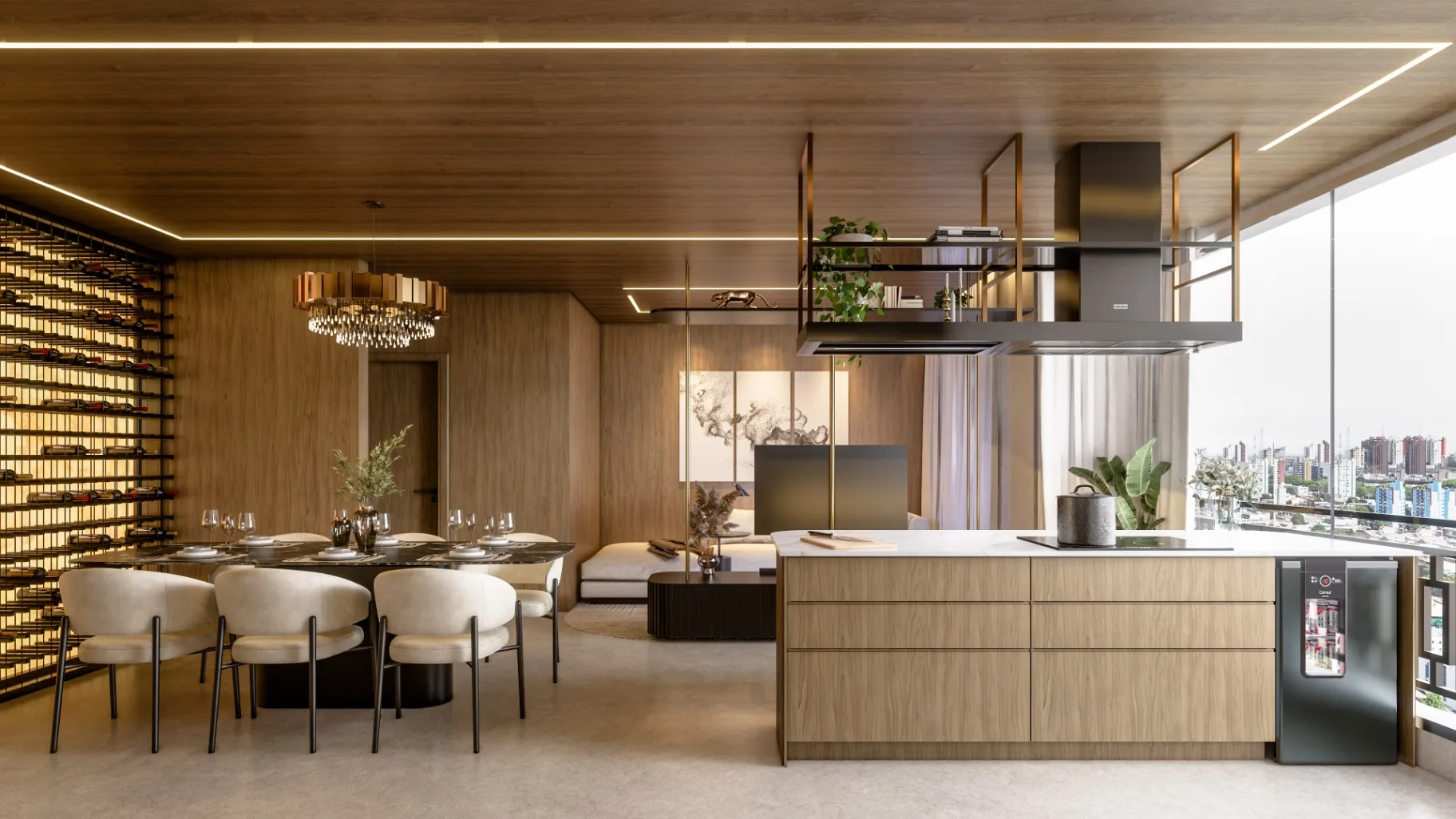 Apartamento modelo do Palazzo Milano com integração entre living, jantar e ilha gourmet