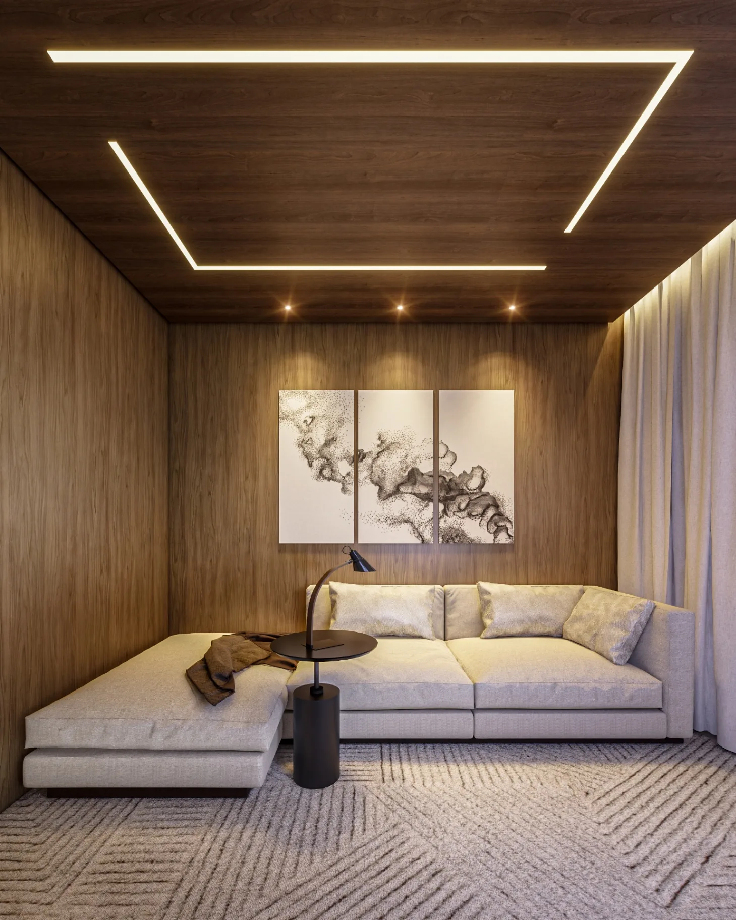 Living do apartamento modelo do Palazzo Milano com sofá em L e forro amadeirado iluminado