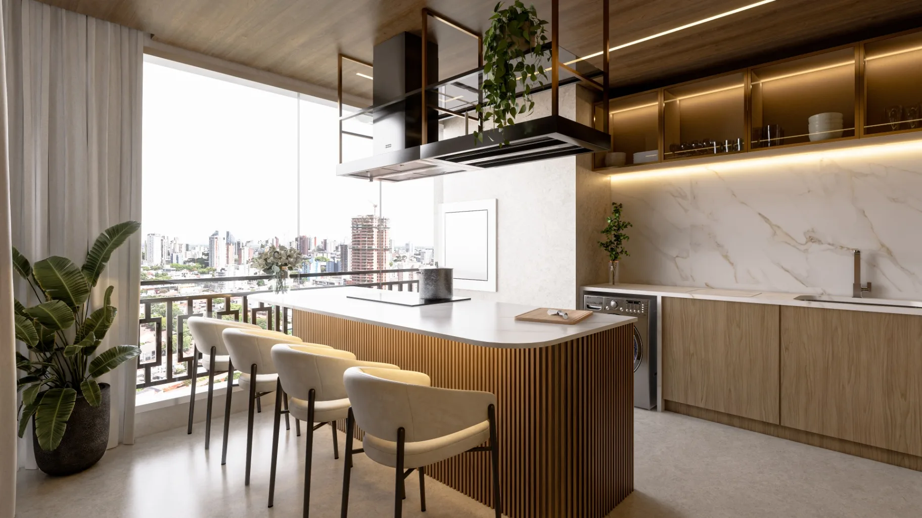 Bancada gourmet do apartamento modelo do Palazzo Milano aberta para a varanda