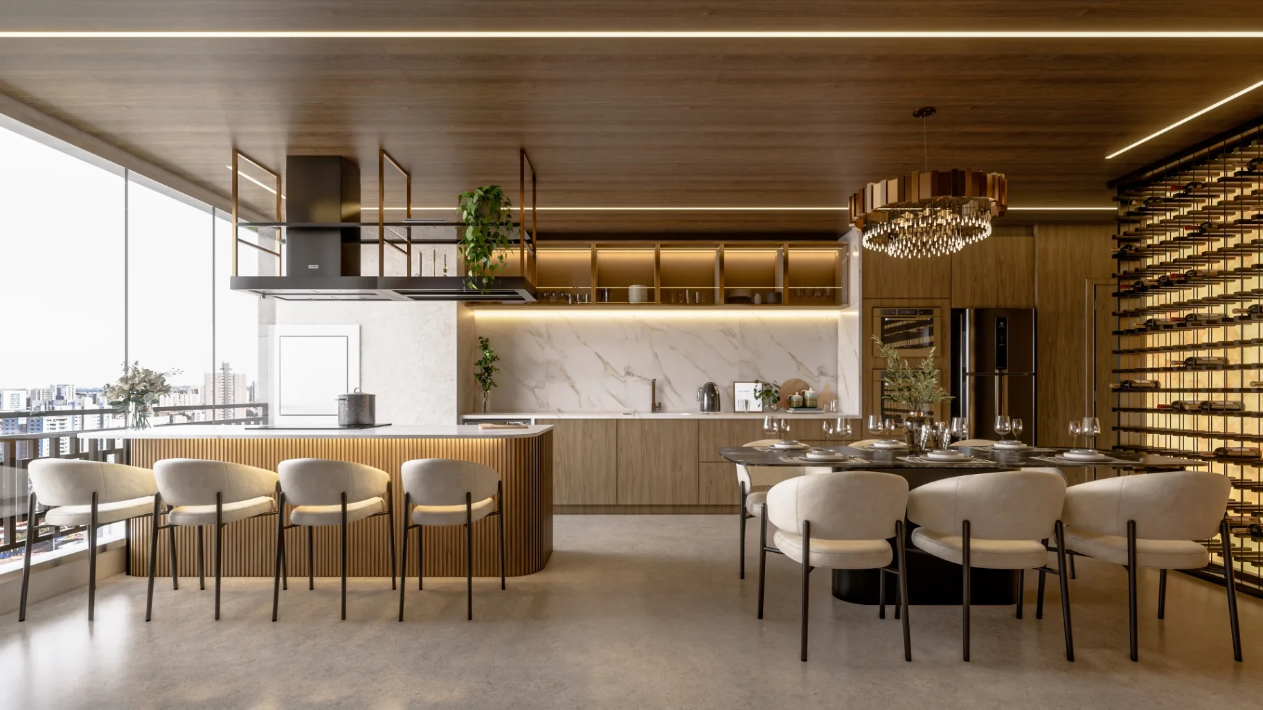 Apartamento modelo do Palazzo Milano com cozinha gourmet integrada, bancada e mesa de jantar