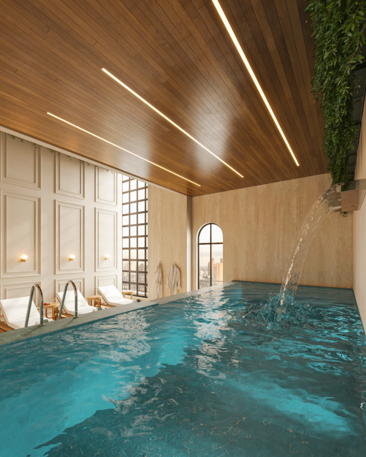 Piscina aquecida do wellness spa do Palazzo Milano com cascata e vista urbana