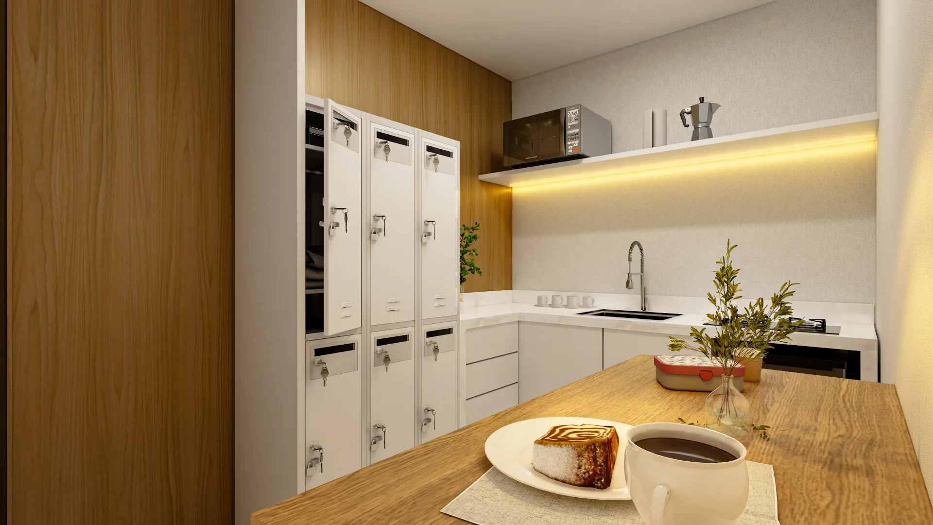 Sala de funcionários do Palazzo Milano com copa, lockers e mesa de refeições