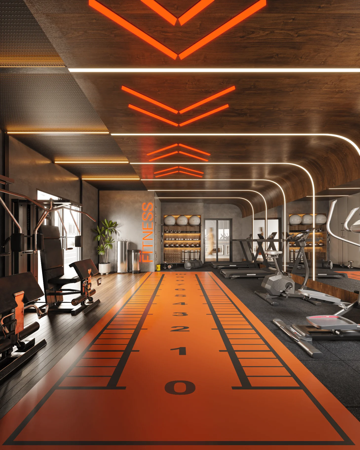 Academia do Palazzo Milano com pista funcional laranja, equipamentos de musculação e iluminação cênica em chevron