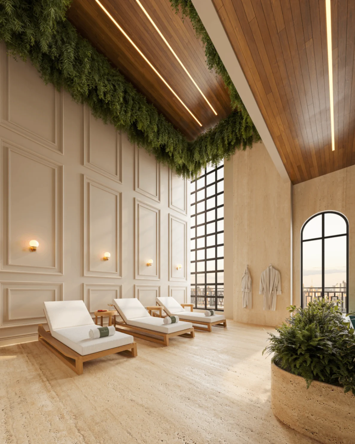 Lounge do wellness spa do Palazzo Milano com espreguiçadeiras e pé-direito elevado