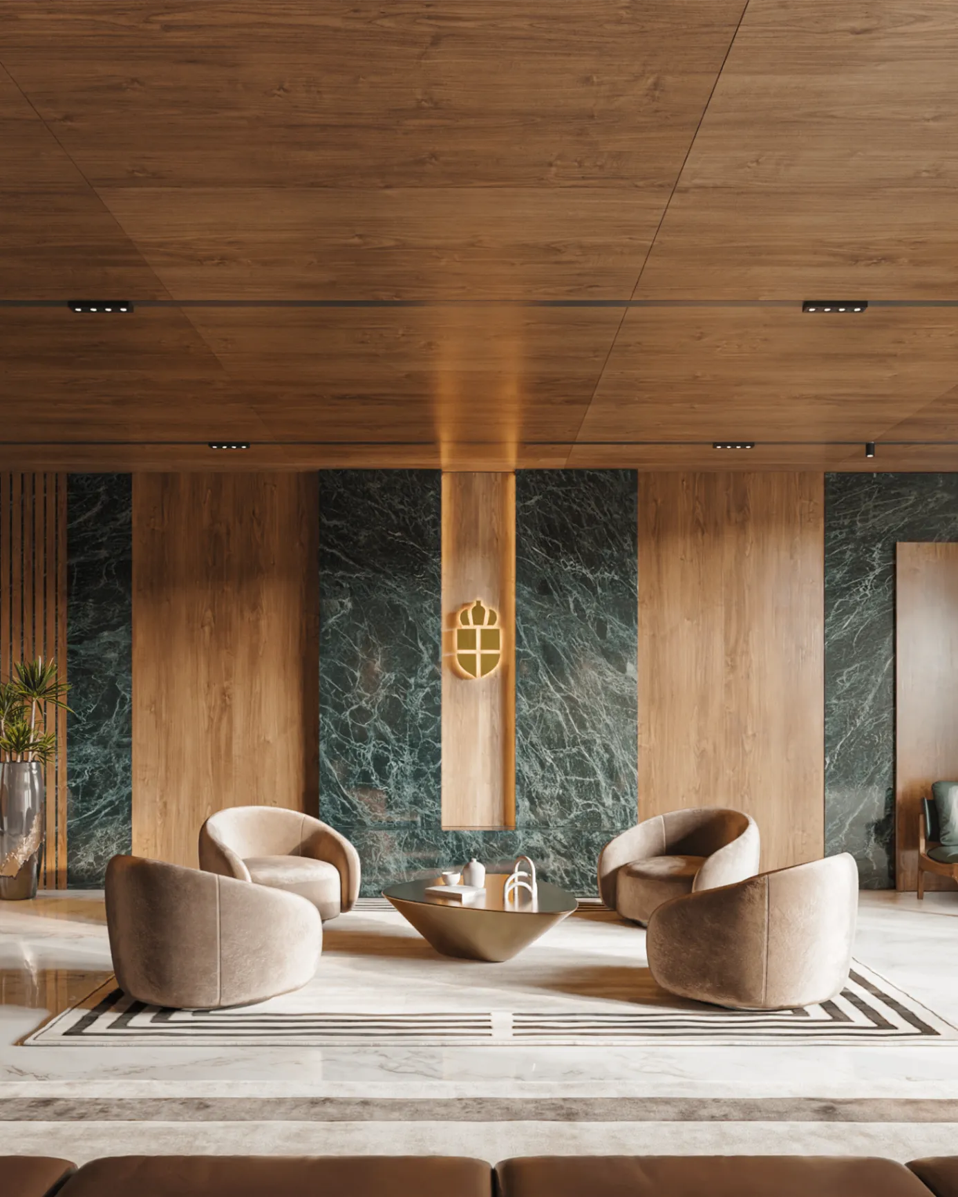 Lobby do Palazzo Milano — pé-direito amplo, mármore verde e madeira