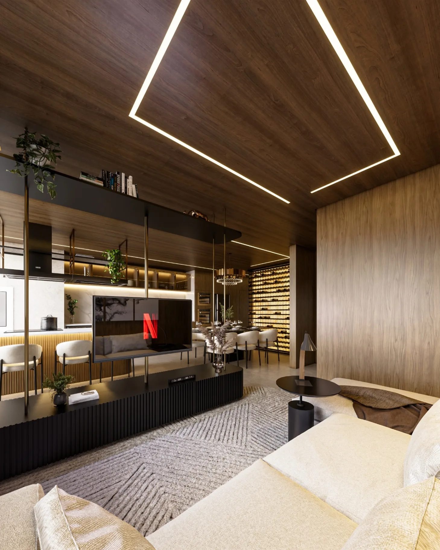 Living do apartamento modelo do Palazzo Milano integrado à cozinha e adega iluminada