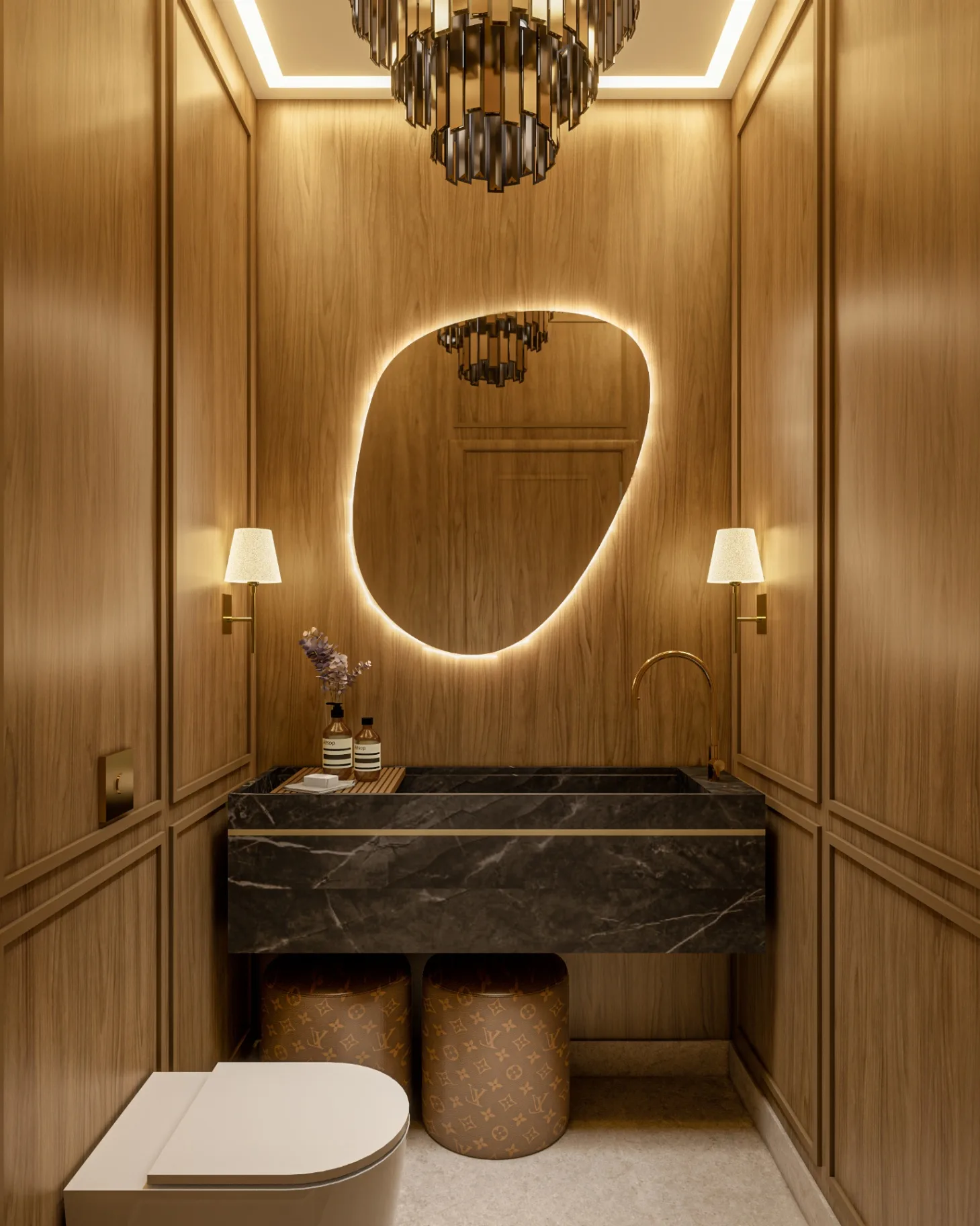 Lavabo do apartamento modelo do Palazzo Milano com marcenaria amadeirada e cuba em mármore escuro