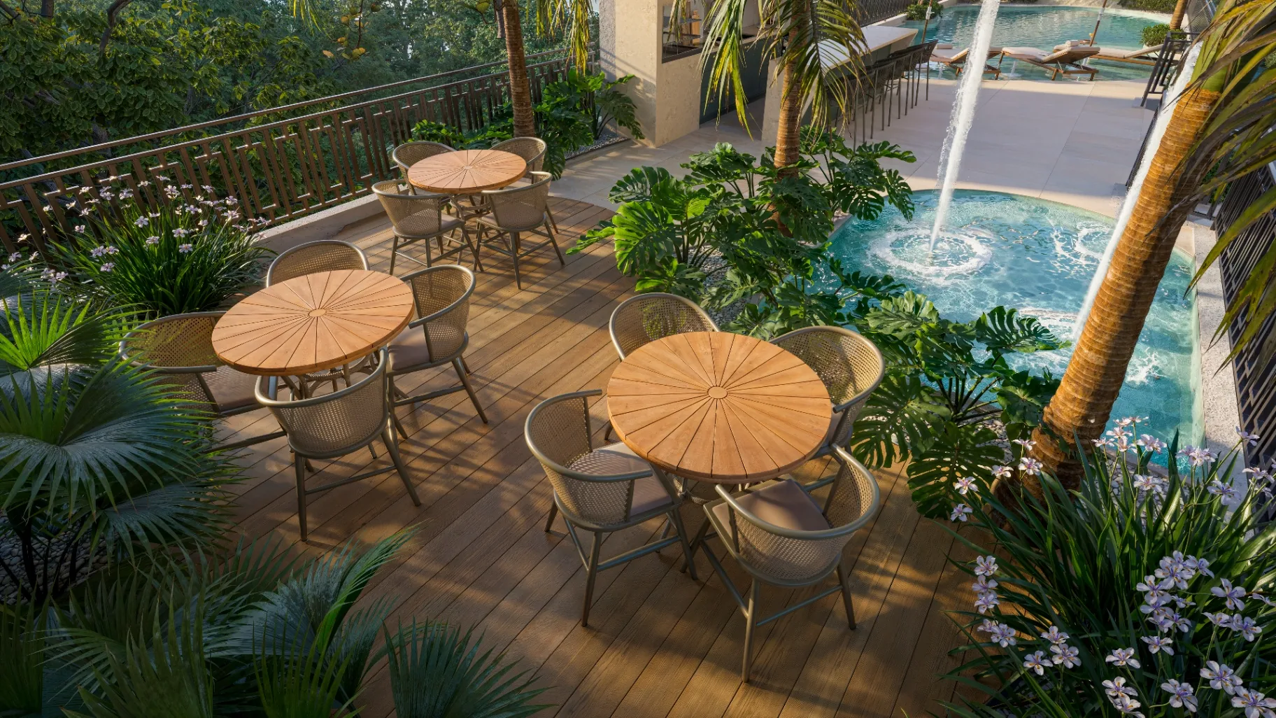 Deck gourmet externo do Palazzo Milano com mesas entre paisagismo e espelho d'água