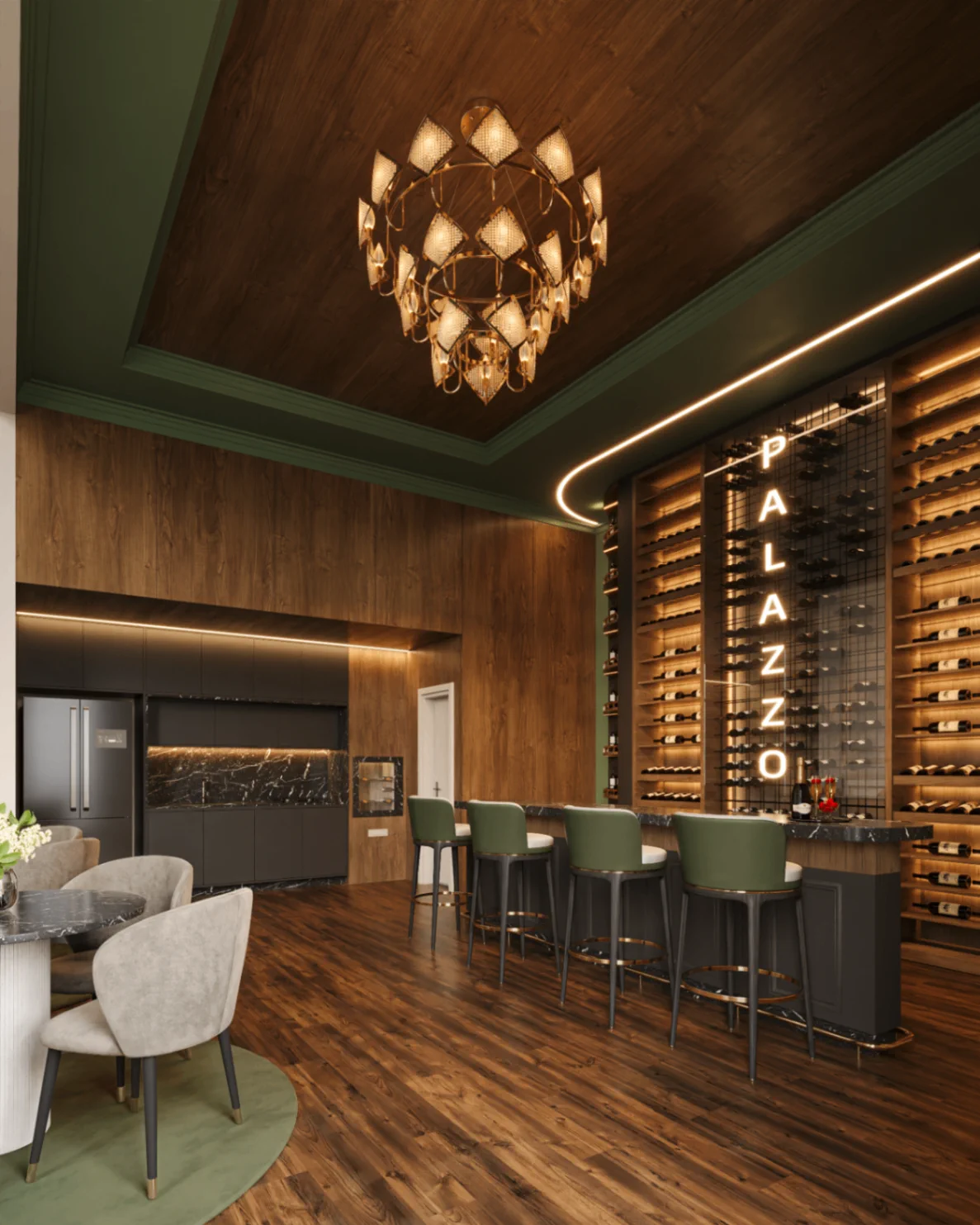 Detalhe do wine bar Palazzo Nobre com bancada, adega e marcenaria escura