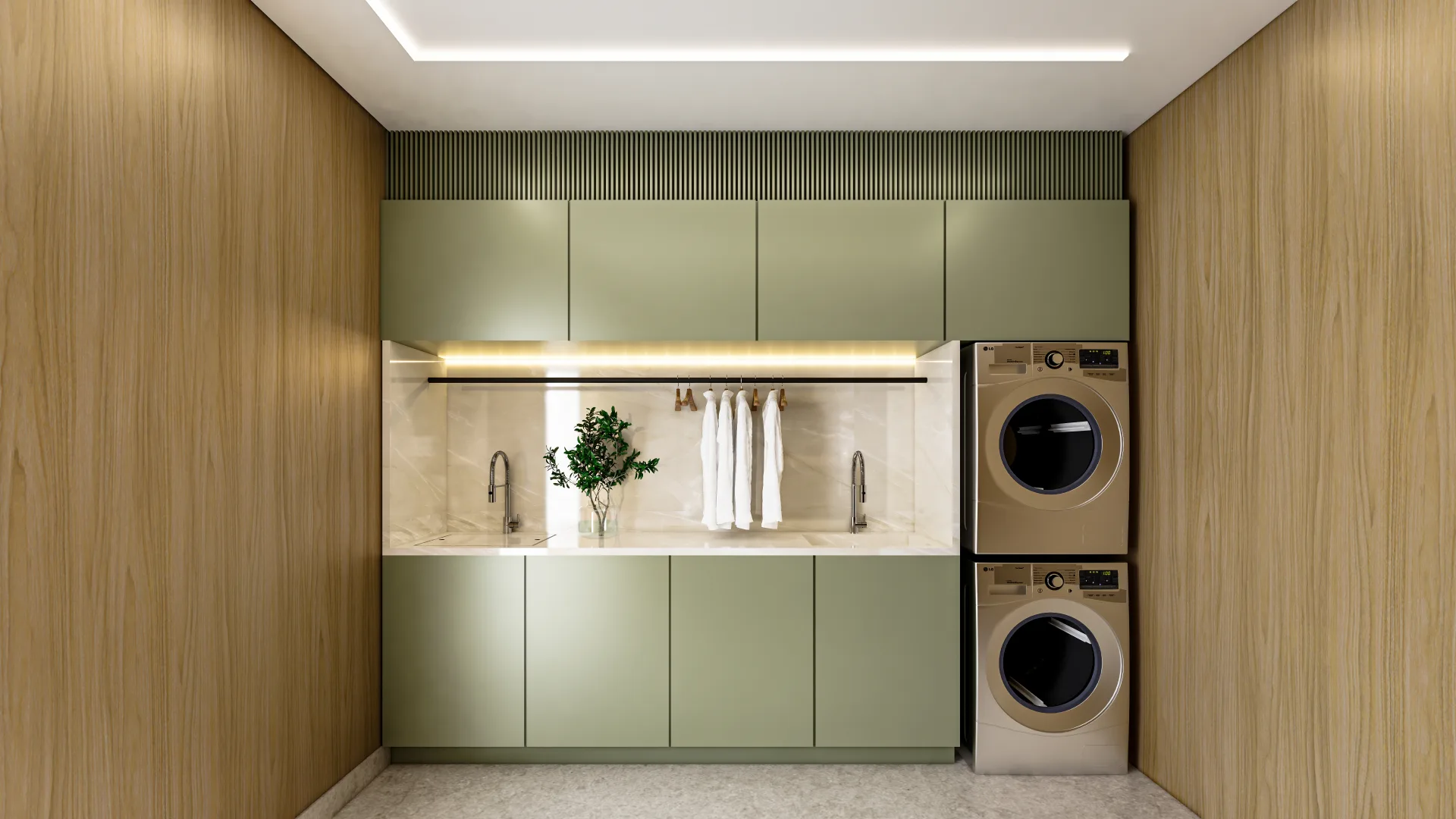 Lavanderia compartilhada do Palazzo Milano com marcenaria verde e máquinas profissionais