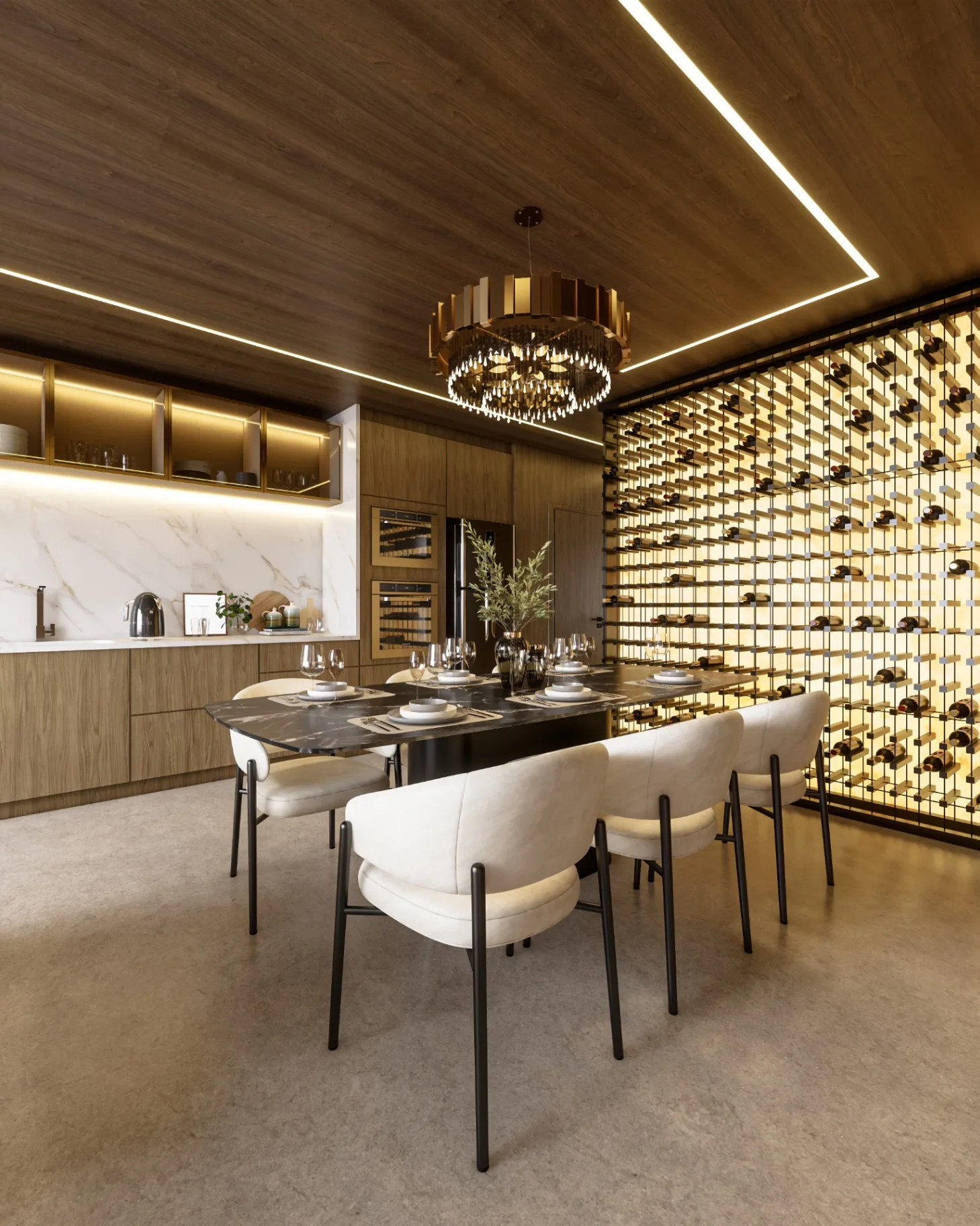Jantar do apartamento modelo do Palazzo Milano com adega de parede e marcenaria amadeirada
