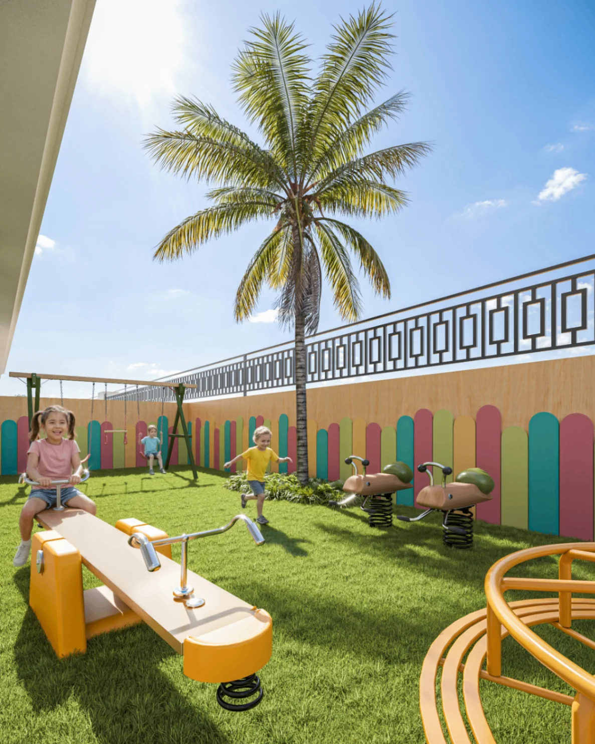Playground do Palazzo Milano com brinquedos infantis e gramado ao ar livre