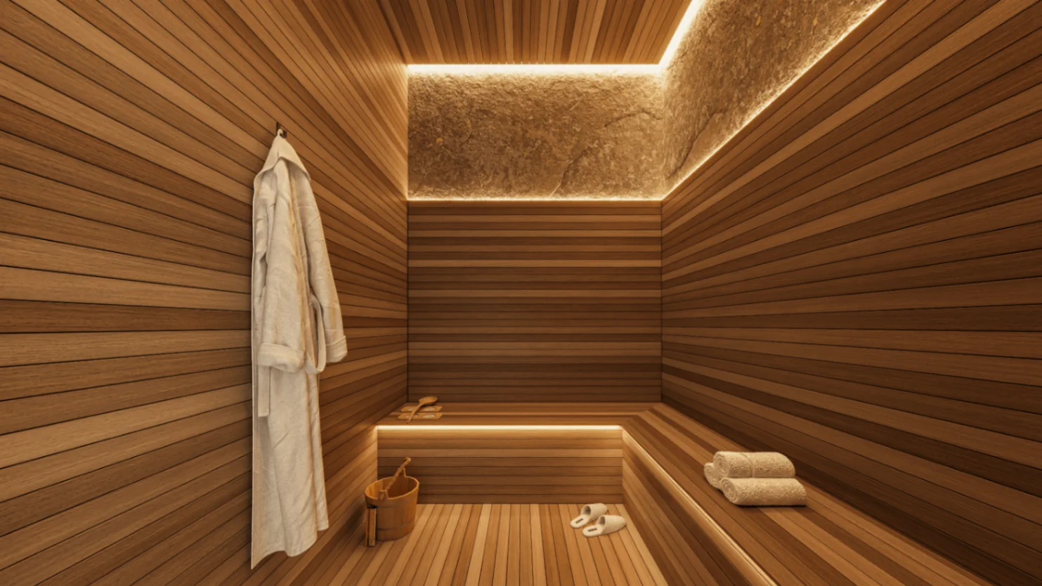 Sauna seca do Palazzo Milano com acabamento amadeirado e iluminação indireta