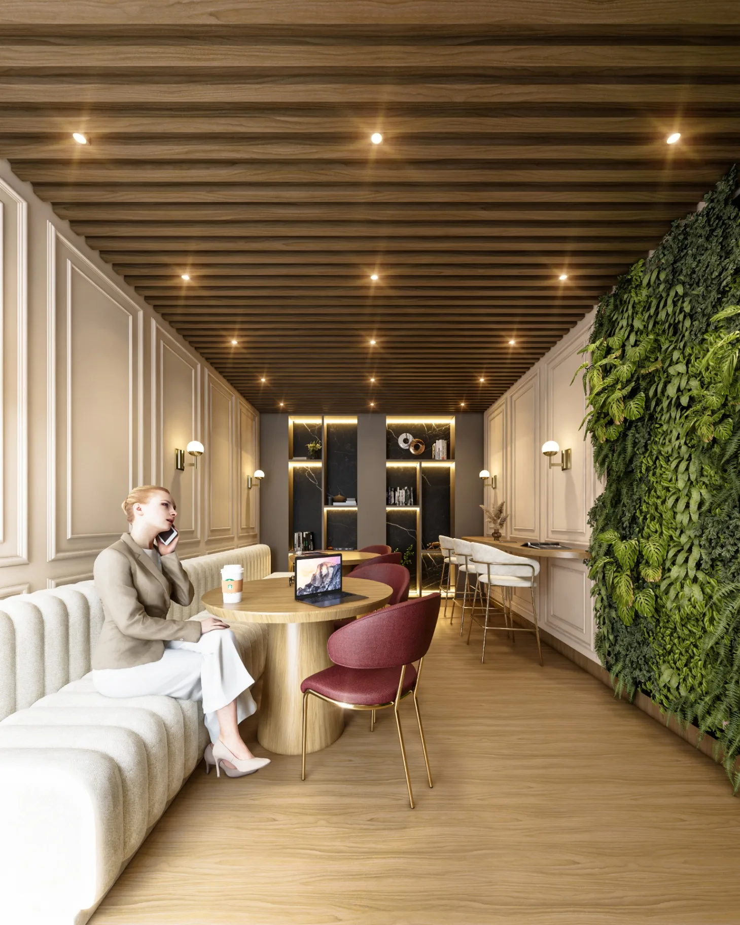 Coworking do Palazzo Milano com jardim vertical, mesa de reunião e bancada alta