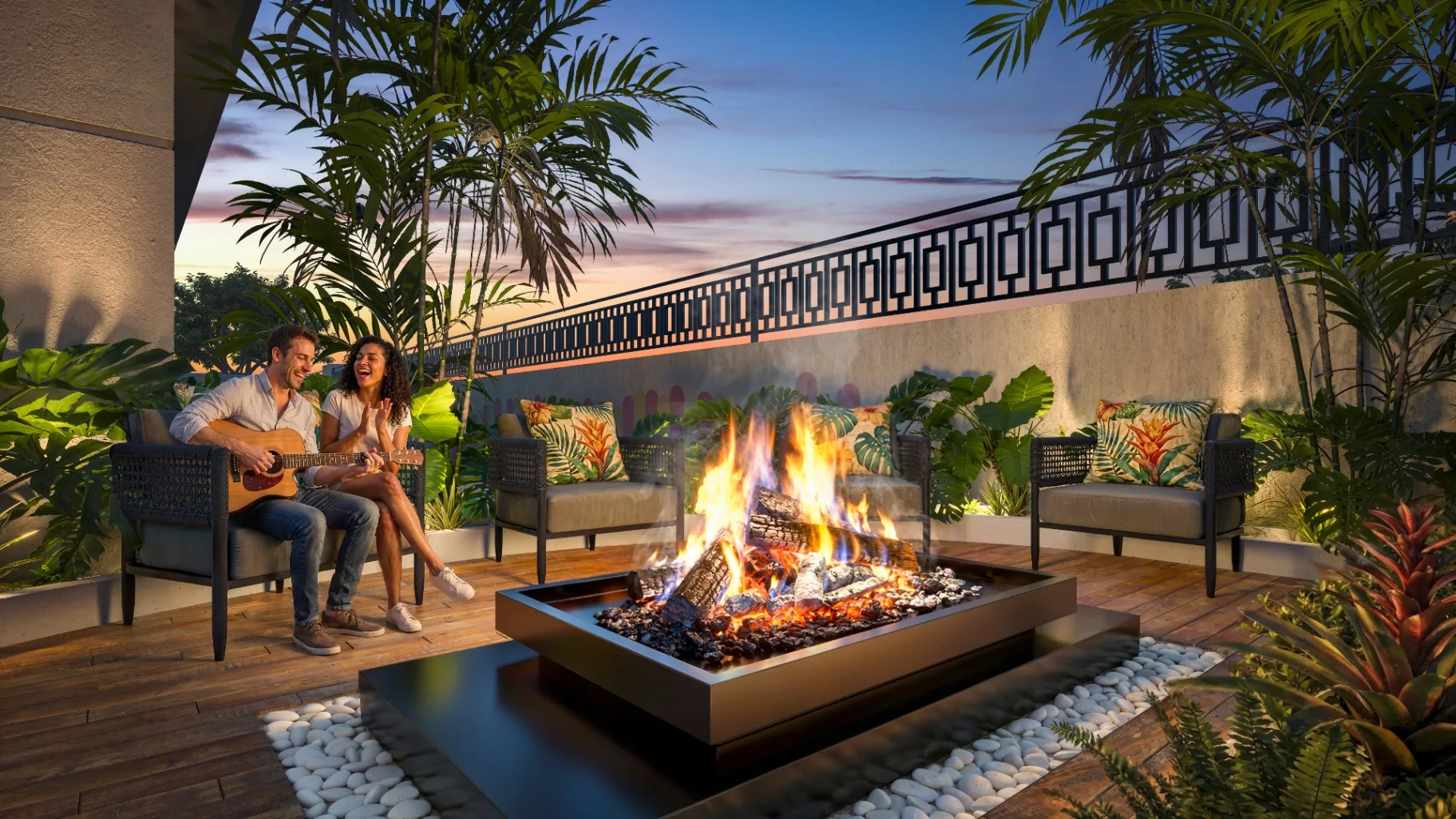 Fire place externo do Palazzo Milano com lounge e paisagismo iluminado